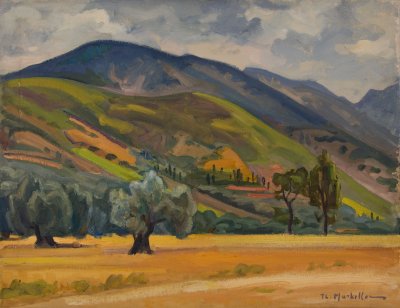 Kefalonia, Yellow Field, Olive Trees, Mountains — Oil painting, Canvas, 50.00×65.00cm — Theodoros Markellos